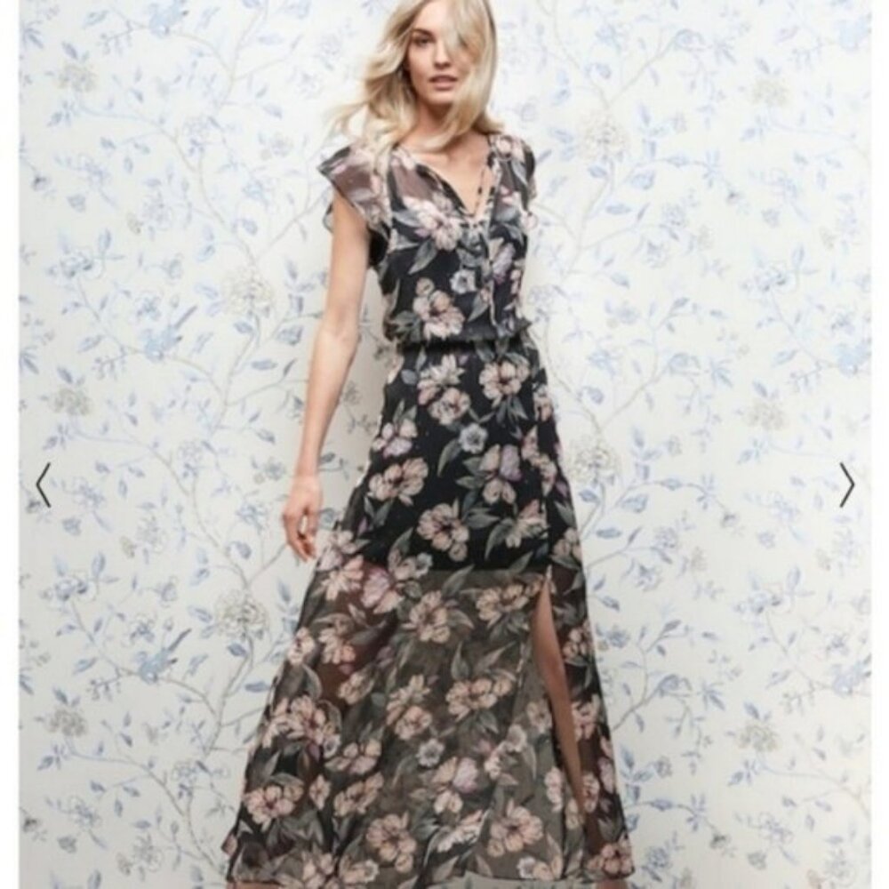 White House Black Market Floral Chiffon Flutter Sleeves Maxi Dress